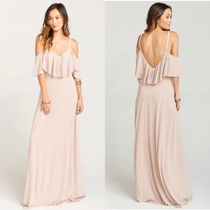 New Show Me Your Mumu Renee Metallic Ruffle Plunge Back Maxi Dress Gown